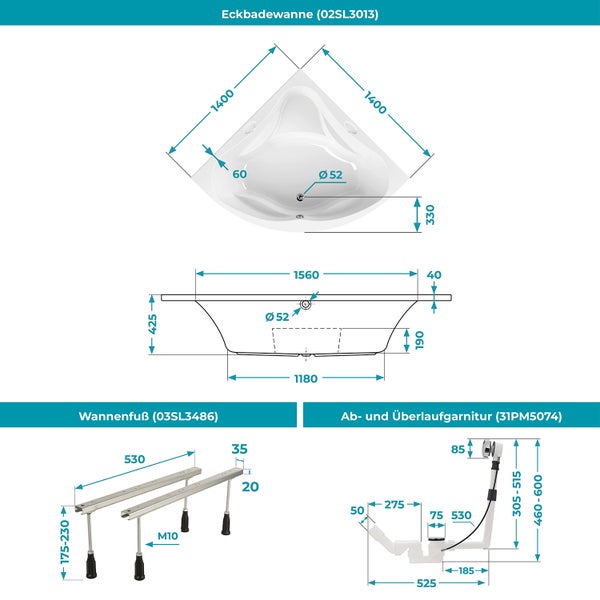 Technische Zeichnung einer Eckbadewanne mit Maßen in Millimeter, inklusive Wannenfuß und Ab- und Überlaufgarnitur.