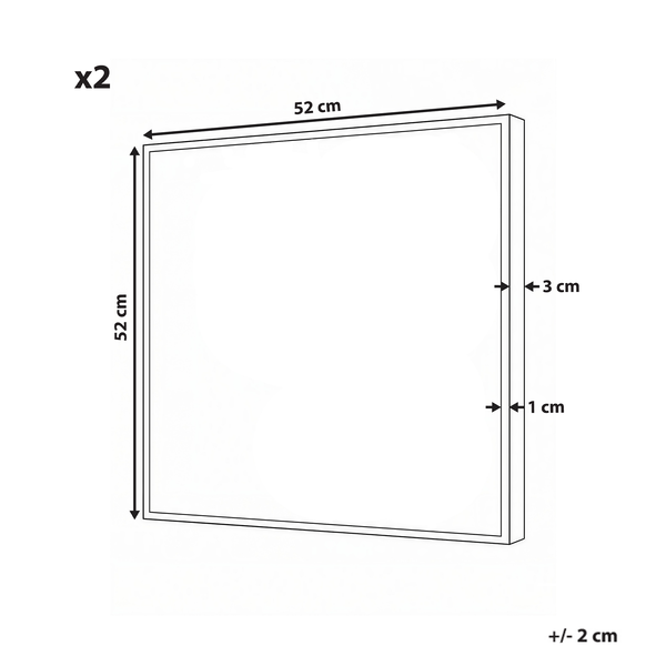 Maßskizze von zwei quadratischen Wandbildern, Maße 52 mal 52 Zentimeter, Tiefe 3 Zentimeter, Rand 1 Zentimeter, Toleranz plus minus 2 Zentimeter.