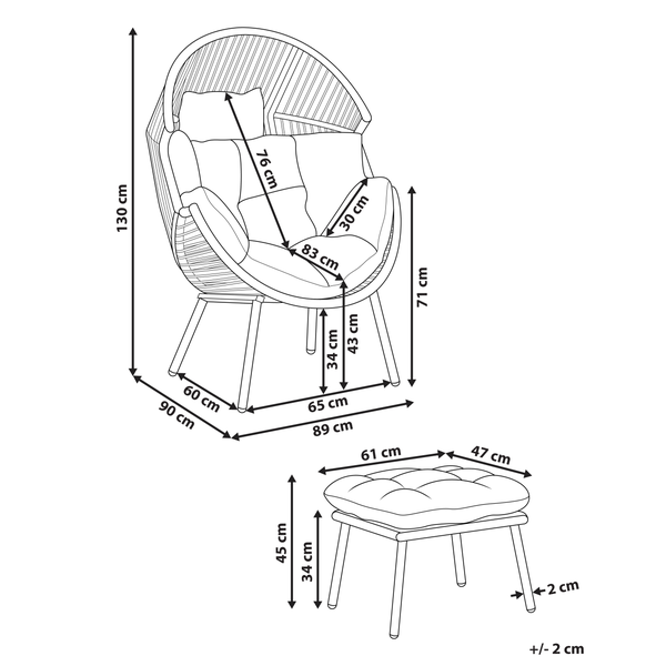 Gartensessel mit Hocker PE Rattan naturfarben Auflagen cremeweiß MURANO