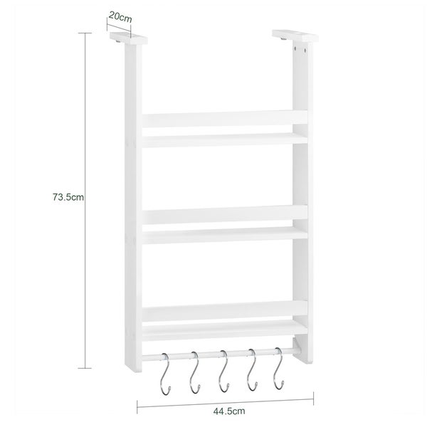 Weißes Küchenregal mit Haken, 73,5 cm hoch, 44,5 cm breit und 20 cm tief.