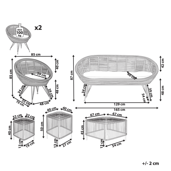 Abmessungen von Gartenmöbelset mit Sofa, zwei Sesseln und zwei Tischen
