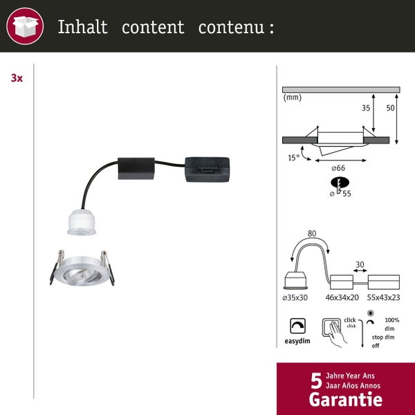 LED Einbauleuchte Easy Dim Nova Mini Plus Coin Basisset schwenkbar rund 66mm 15° Coin 3x4,2W 3x300lm 230V dimmbar 2700K Alu
