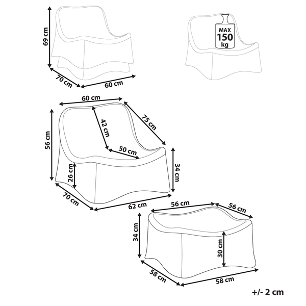 Maße Sessel und Hocker