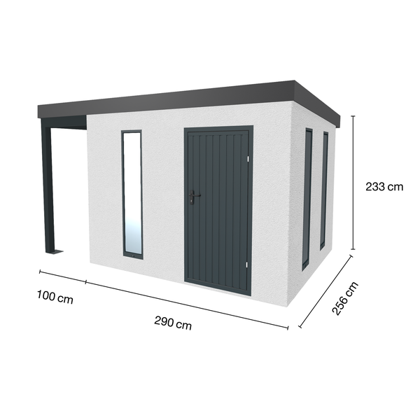 Gartenhaus mit den Maßen 290 cm x 256 cm x 233 cm und einem 100 cm Vordach
