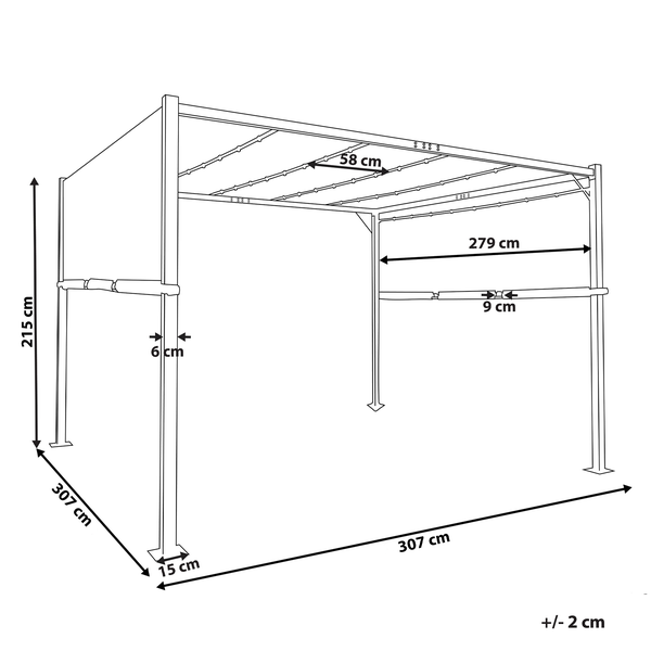 Maßzeichnung eines Pavillons: Höhe 215 Zentimeter, Breite 307 Zentimeter, Tiefe 307 Zentimeter. Toleranz plus minus 2 Zentimeter.