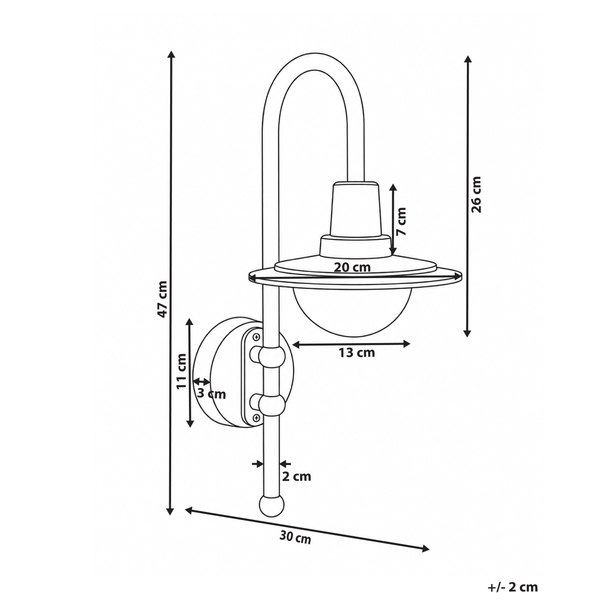 Maßzeichnung einer Außenwandleuchte mit Abmessungen in Zentimetern, Gesamthöhe 47 Zentimeter, Breite 30 Zentimeter.