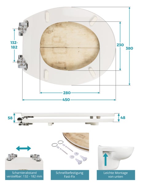 Calmwaters® WC Sitz Holz mit Absenkautomatik Motiv Wild West, Fast-Fix-Befestigung aus Metall, universale O-Form, stabiler Holzkern Toilettendeckel, Komfort Toilettensitz - 26LP2816