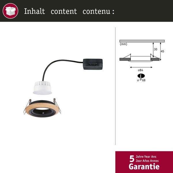 LED Einbauleuchte Lanati Einzelspot rund 84mm 30° Coin 6W 470lm 230V 2700K Farbton Eiche geölt, Schwarz matt