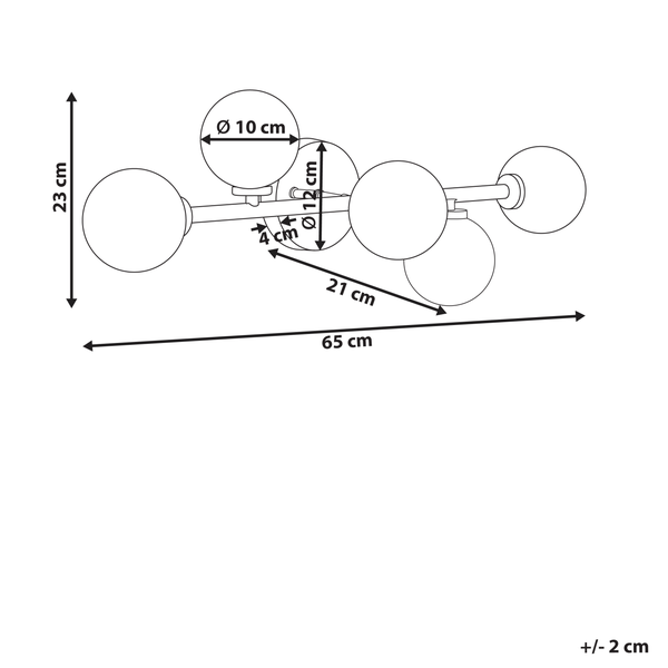 Technische Zeichnung einer Lampe mit den Maßen 23 cm Höhe, 65 cm Länge, Kugeldurchmesser 10 cm, kleiner Kugeldurchmesser 12 cm und 4 cm Abstand.