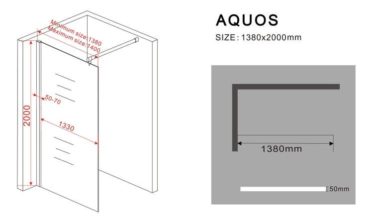 Technische Zeichnung einer Aquos Duschkabine mit den Maßen 1380 mal 2000 Millimeter