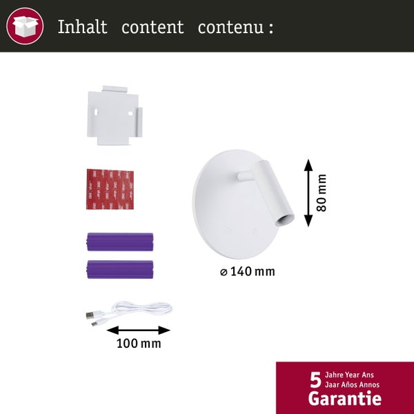 Inhalt einer runden, weißen Lampe inklusive Befestigungsmaterial, Klebestreifen, Kabel und Batterien mit den Maßen 140 mm Durchmesser, 80 mm Höhe und 100 mm Kabellänge sowie 5 Jahre Garantie