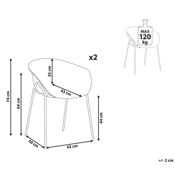 Abmessungen des Stuhls mit maximaler Belastbarkeit 120 Kilogramm