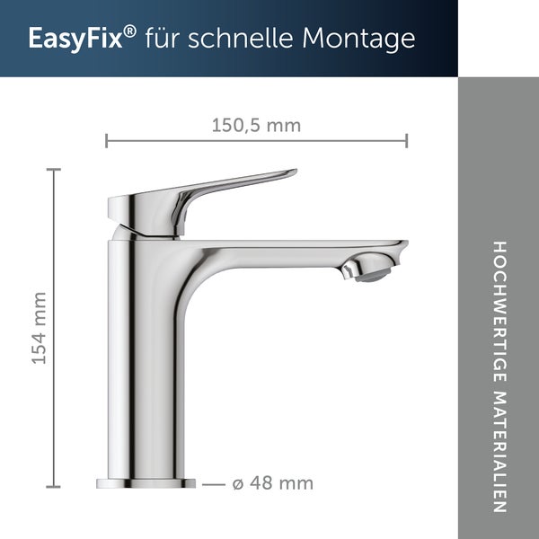Technische Zeichnung einer Waschtischarmatur mit Massangaben von 154 Millimeter Hoehe und 150,5 Millimeter Ausladung.