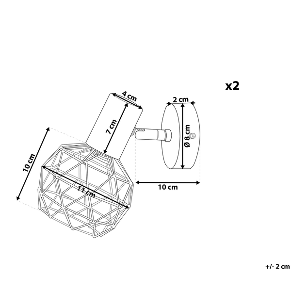 Technische Zeichnung einer Wandlampe im 2er-Set mit Maßen: Schirm 11 mal 10 Zentimeter, Gesamttiefe 10 Zentimeter, Wandhalterung Durchmesser 8 Zentimeter.