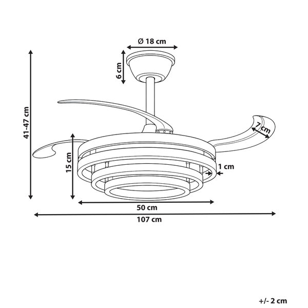 Technische Zeichnung mit Maßen für einen Deckenventilator mit ausklappbaren Flügeln und integrierter Beleuchtung.