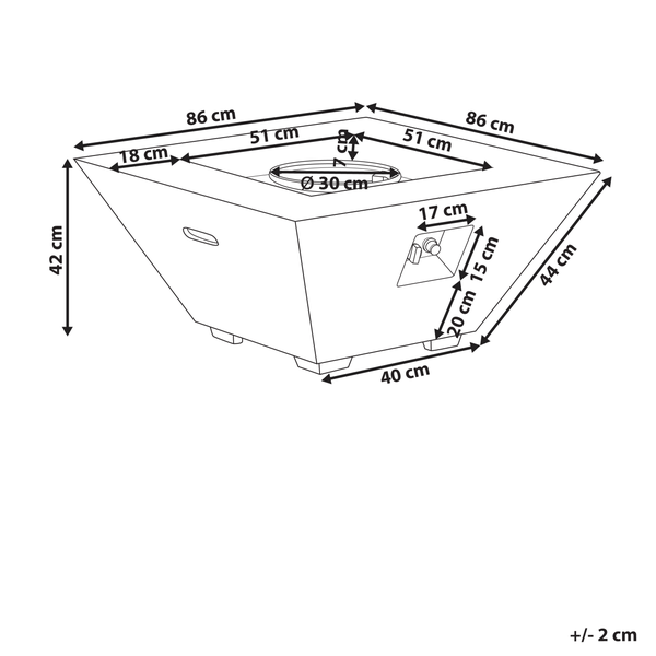 Skizze eines quadratischen Gas-Feuertisches mit Maßangaben 86 mal 86 mal 42 Zentimeter sowie Details zur Brennergröße und Tiefe.