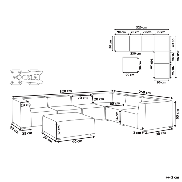 Garten Ecksofa mit Ottomane 7-Sitzer AREZZO linksseitig modular Hellgrau
