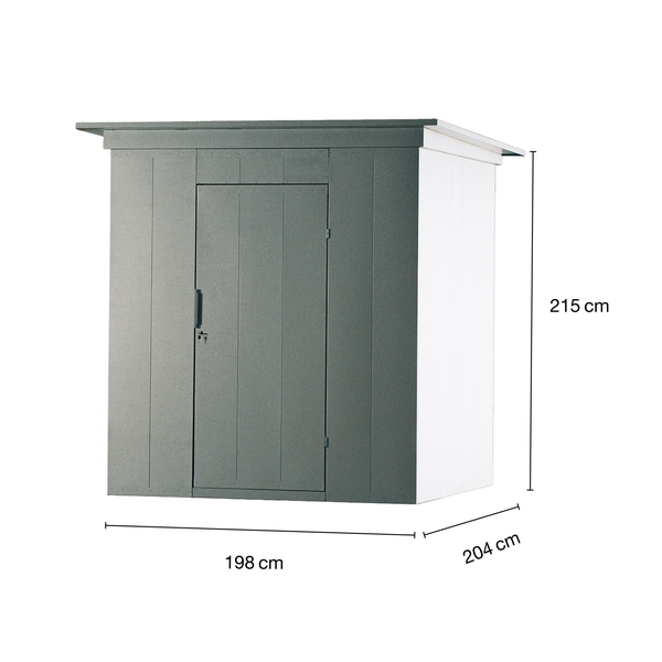 Gartenschrank mit Tür und den Maßen 215 cm Höhe, 198 cm Breite und 204 cm Tiefe