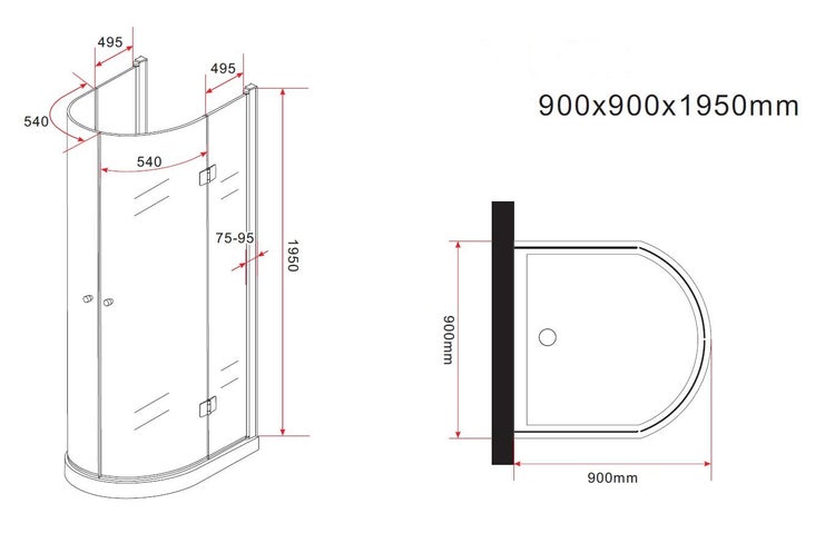 Technische Zeichnung einer Duschkabine mit Maßangaben 900x900x1950 Millimeter.