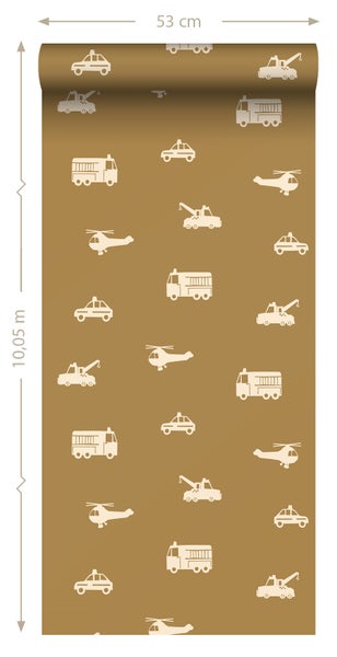 ESTAhome Tapete Autos, Löschfahrzeuge, Hubschrauber und Kräne Ockergelb - 50 x 900 cm - 131452