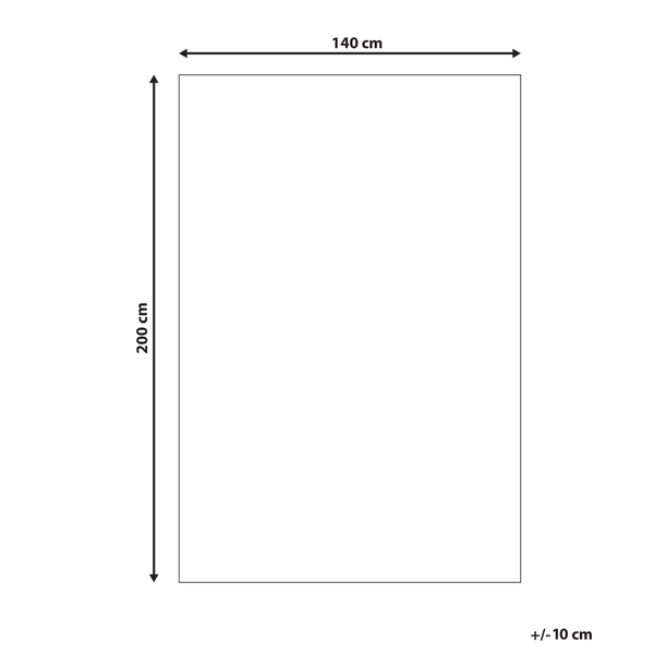 Technische Zeichnung eines Rechtecks mit den Maßen 140 cm Breite und 200 cm Höhe sowie einer Toleranz von plus minus 10 cm