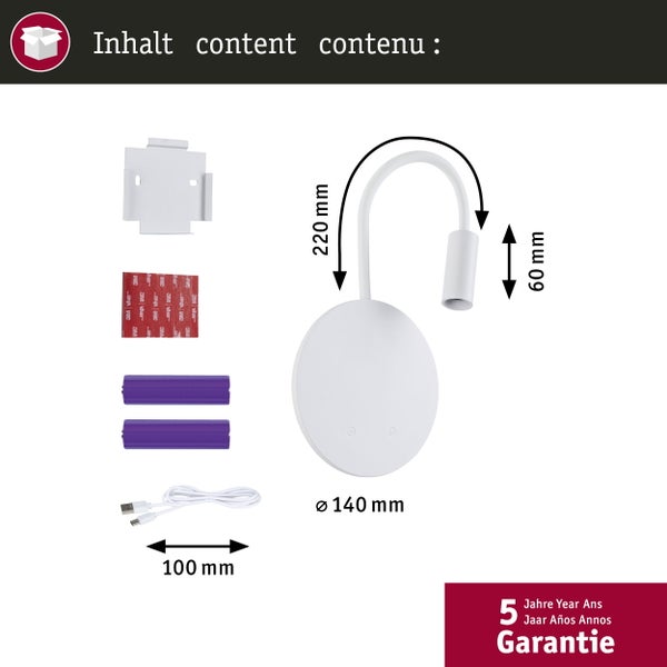 Inhalt der Verpackung der Schreibtischlampe mit den Maßen 220 x 60 x 140 Millimeter und einer fünfjährigen Garantie