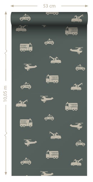 ESTAhome Tapete Autos, Löschfahrzeuge, Hubschrauber und Kräne Dunkelgrün - 53 cm x 10.05 m - 131400