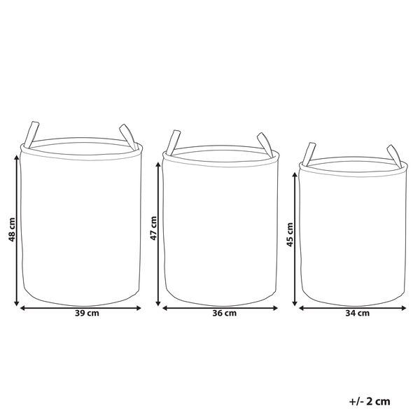 Maßzeichnung drei runder Wäschekörbe mit Henkeln. Größen 48 mal 39, 47 mal 36 und 45 mal 34 Zentimeter. Abweichung circa 2 Zentimeter.