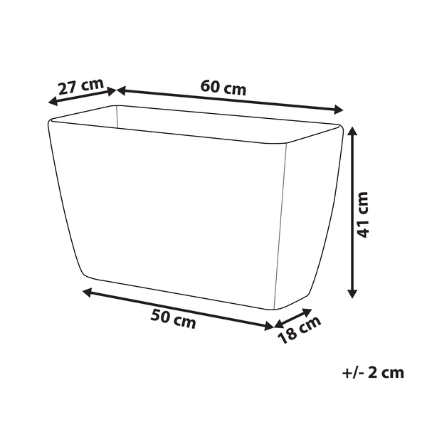 Abbildung der Maße einer Pflanzschale: 60 cm Breite, 41 cm Höhe, 27 cm obere Tiefe und 18 cm untere Tiefe.