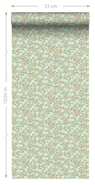 ESTAhome Tapete Blumen Grün, Terrakottarosa und Weiß - 50 x 900 cm - 139470