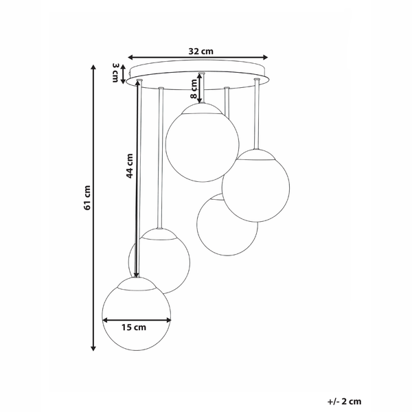 Abmessungen der Pendelleuchte mit mehreren Glaskugeln