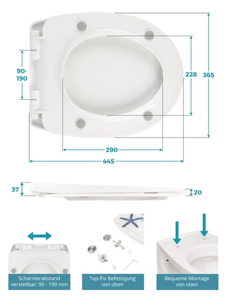 Calmwaters® WC Sitz Maritimes Flair, Absenkautomatik & abnehmbar, Toilettendeckel günstig, Top-Fix-Befestigung von oben, universale O-Form, Thermoplast, Toilettensitz preiswert, maritim, 26LP5007