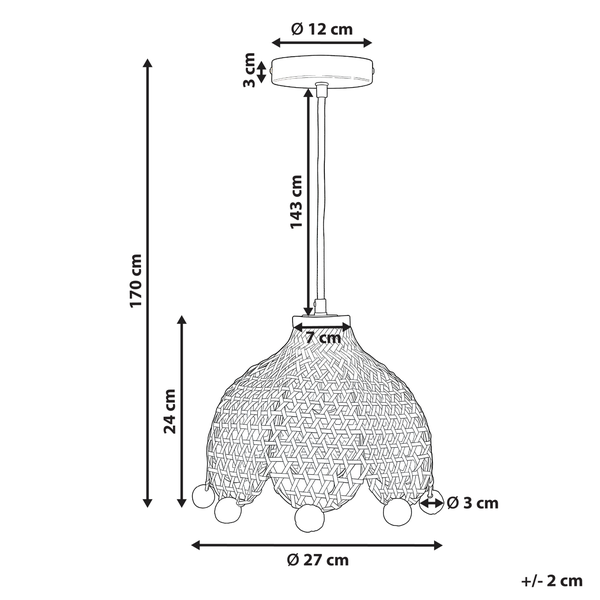 Technische Zeichnung einer Pendelleuchte mit den Maßen 170 cm Höhe, 27 cm Durchmesser und einem Lampenschirm aus Korbgeflecht