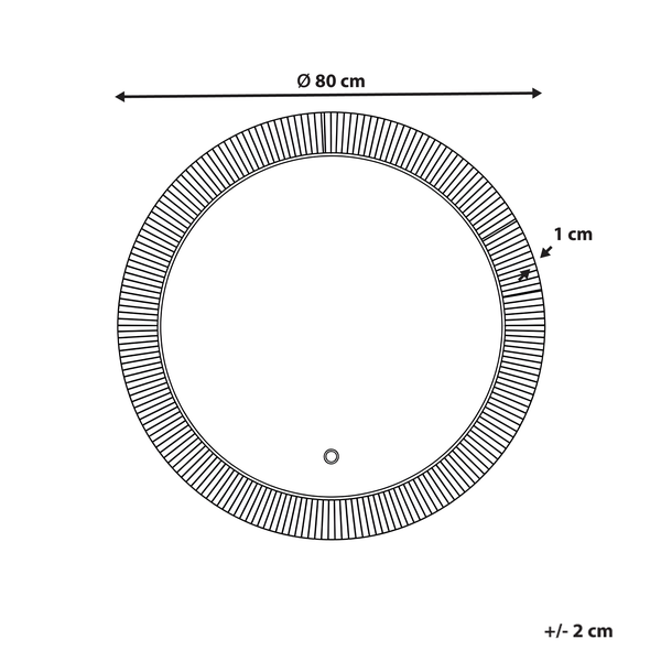 Technische Zeichnung eines runden Spiegels mit einem Durchmesser von 80 Zentimetern und einer Rahmentiefe von 1 Zentimeter.