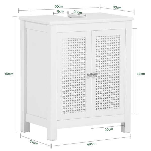 Waschtischunterschrank mit zwei Türen und Rattan-Details.
