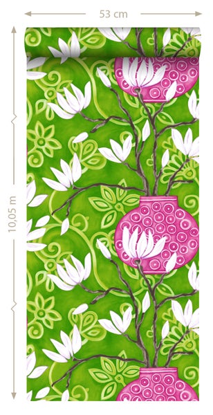 Origin Wallcoverings Tapete Magnolie Grün und Rosa - 53 cm x 10.05 m - 346926