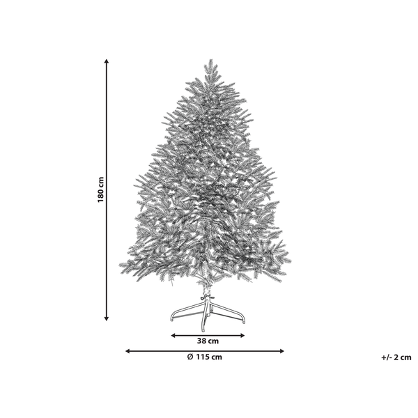 Abmessungen eines künstlichen Weihnachtsbaums: 180 cm Höhe, 115 cm Durchmesser.