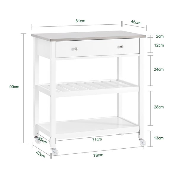 Servierwagen mit Schublade, zwei Regalböden und Rollen mit Maßangaben