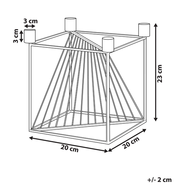 Technische Zeichnung eines Windlichts mit den Maßen 20 mal 20 mal 23 Zentimeter und Kerzenhaltern von 3 Zentimetern