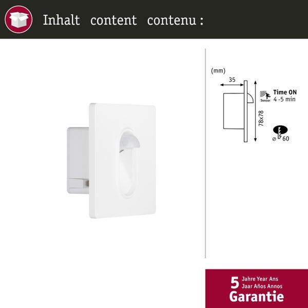 LED Wandeinbauleuchte Wall eckig 78x35mm 1,1W 65lm 230V 2700K Weiß