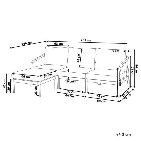 Maßskizze eines Gartensofas mit Hocker und Sitzkissen inklusive Bemaßungen in Zentimeter.