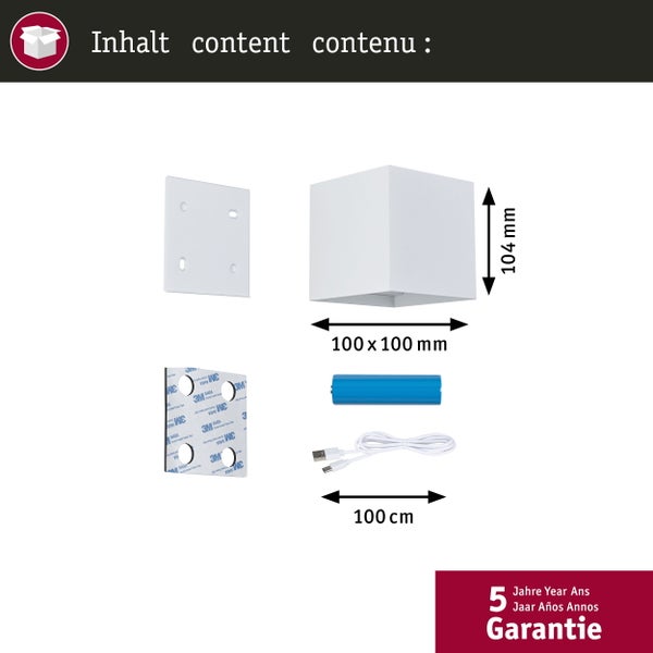 Inhalt einer Wandleuchte: Montageplatte, Klebestreifen, Akku, USB-Kabel, Lampe mit den Maßen 100 x 100 x 104 Millimeter und 5 Jahre Garantie