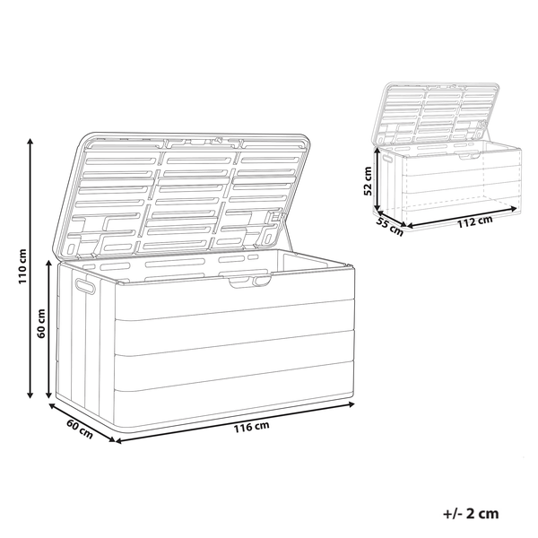 Abbildung einer Gartenbox mit Abmessungen