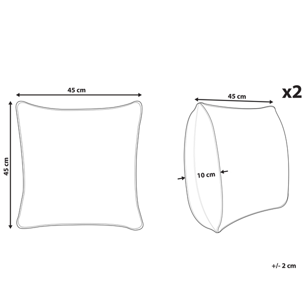 Abbildung von zwei Kissen mit den Maßen 45 cm x 45 cm und einer Dicke von 10 cm