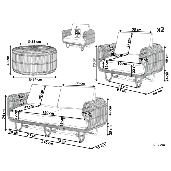 Abmessungen für ein Loungeset mit Sofa, zwei Sesseln und einem Hocker
