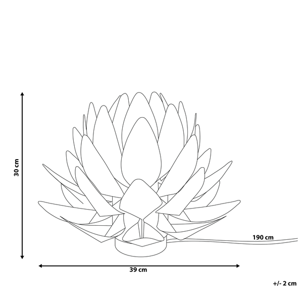 Abbildung einer Leuchte in Lotusform mit Maßangaben: Höhe 30 cm, Durchmesser 39 cm, Kabellänge 190 cm