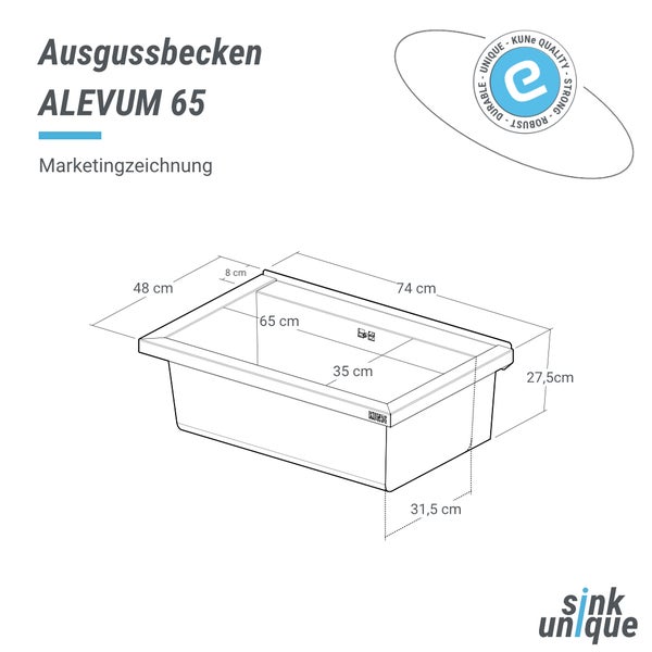 Technische Zeichnung vom Ausgussbecken ALEVUM 65 mit Maßangaben: Breite 74 Zentimeter, Tiefe 48 Zentimeter und Höhe 27,5 Zentimeter.