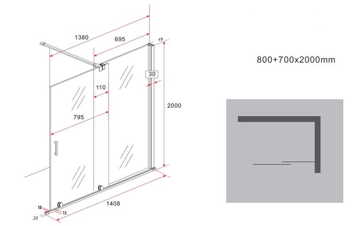 Technische Zeichnung einer Duschkabine mit den Maßen 800 plus 700 mal 2000 Millimeter.