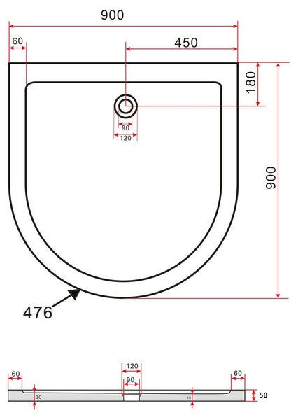 Technische Zeichnung einer Duschwanne mit Maßen