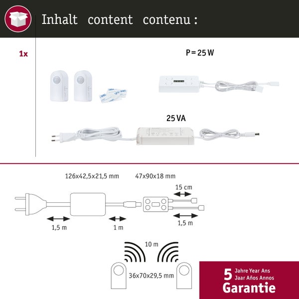 Inhalt der LED-Leuchte mit Bewegungsmelder, Abmessungen und Garantie
